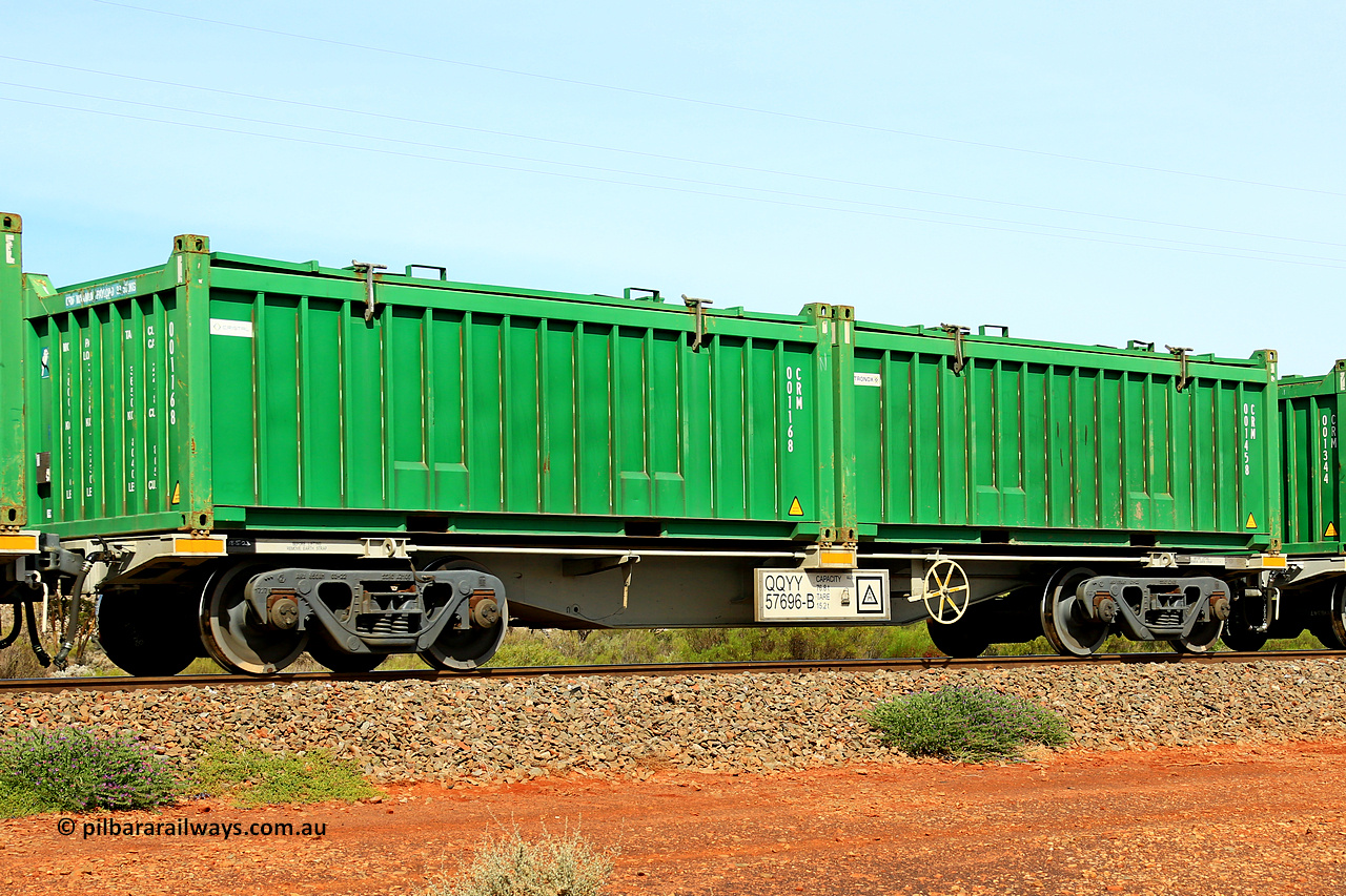 231020 8203
Parkeston, QQYY type 40' container waggon QQYY 57696 one of five hundred ordered by Aurizon and built by CRRC Yangtze Group of China in 2022. In service with two loaded 20' half height hard top 'rotainers' lettered CRM, for Cristal Mining before they were absorbed into Tronox, CRM 001458 with Tronox decal and CRM 001168 with Cristal decal, on Aurizon's Tronox mineral sands train 4UP1 from Ivanhoe / Broken Hill (NSW) to Kwinana (WA). 20th of October 2023.
Keywords: QQYY-type;QQYY57696;CRRC-Yangtze-Group-China;