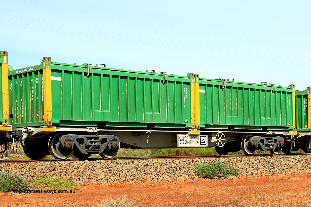 231020 8214
Parkeston, QQYY type 40' container waggon QQYY 57928 one of five hundred ordered by Aurizon and built by CRRC Yangtze Group of China in 2022. In service with two loaded 20' half height hard top 'rotainers' lettered CRM, for Cristal Mining before they were absorbed into Tronox, CRM 001742 with Cristal decal and yellow corner posts and CRM 000381 with Tronox decal and yellow corner posts, on Aurizon's Tronox mineral sands train 4UP1 from Ivanhoe / Broken Hill (NSW) to Kwinana (WA). 20th of October 2023.
Keywords: QQYY-type;QQYY57928;CRRC-Yangtze-Group-China;