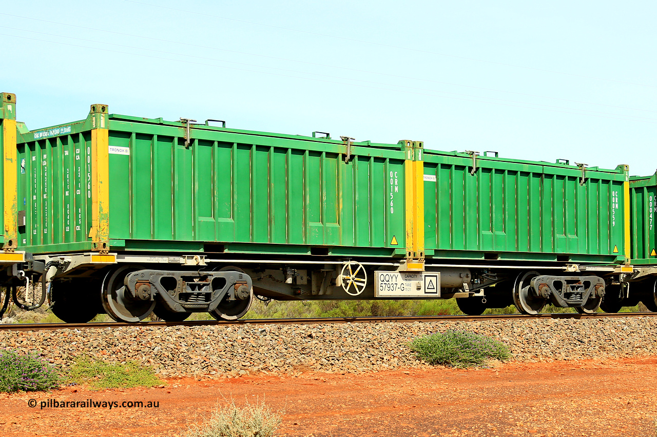 231020 8224
Parkeston, QQYY type 40' container waggon QQYY 57937 one of five hundred ordered by Aurizon and built by CRRC Yangtze Group of China in 2022. In service with two loaded 20' half height hard top 'rotainers' lettered CRM, for Cristal Mining before they were absorbed into Tronox, CRM 000559 with Tronox decal and yellow corner posts and CRM 001560 with Tronox decal and yellow corner posts, on Aurizon's Tronox mineral sands train 4UP1 from Ivanhoe / Broken Hill (NSW) to Kwinana (WA). 20th of October 2023.
Keywords: QQYY-type;QQYY57937;CRRC-Yangtze-Group-China;