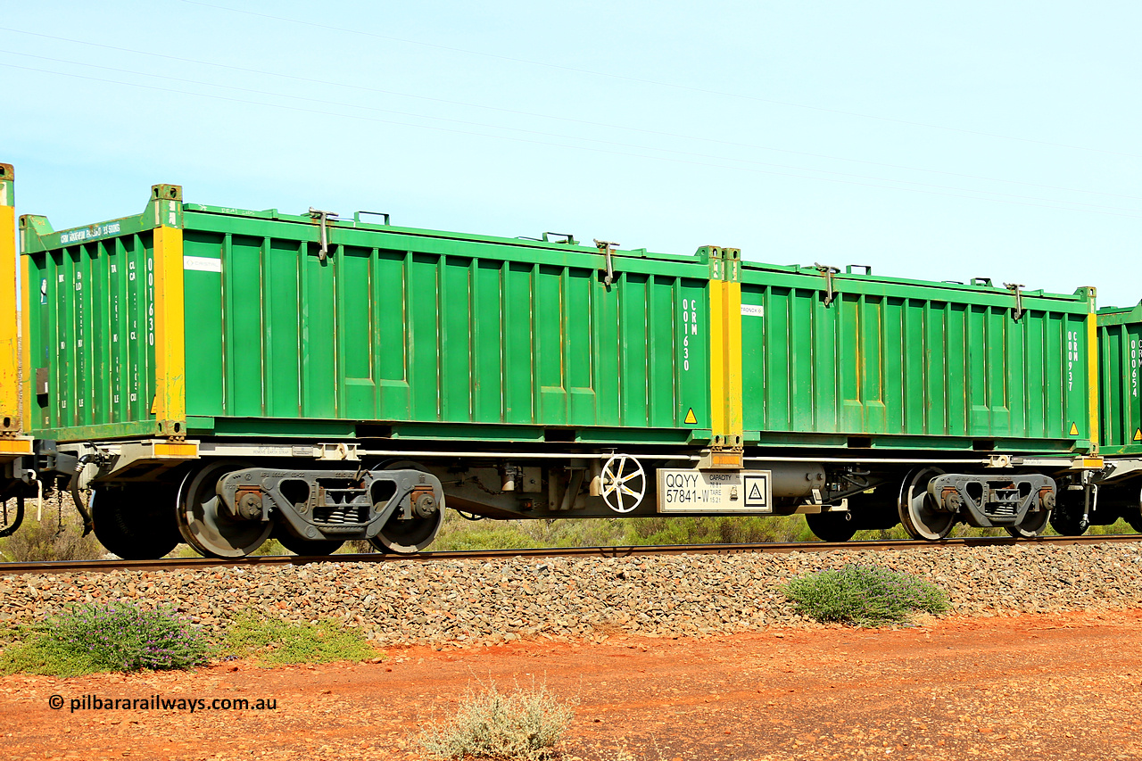 231020 8232
Parkeston, QQYY type 40' container waggon QQYY 57841 one of five hundred ordered by Aurizon and built by CRRC Yangtze Group of China in 2022. In service with two loaded 20' half height hard top 'rotainers' lettered CRM, for Cristal Mining before they were absorbed into Tronox, CRM 000937 with Tronox decal and yellow corner posts and CRM 001630 with Cristal decal and yellow corner posts, on Aurizon's Tronox mineral sands train 4UP1 from Ivanhoe / Broken Hill (NSW) to Kwinana (WA). 20th of October 2023.
Keywords: QQYY-type;QQYY57841;CRRC-Yangtze-Group-China;