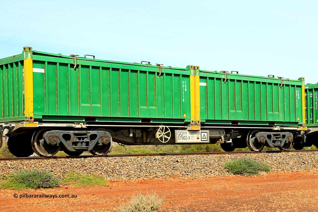 231020 8233
Parkeston, QQYY type 40' container waggon QQYY 57962 one of five hundred ordered by Aurizon and built by CRRC Yangtze Group of China in 2022. In service with two loaded 20' half height hard top 'rotainers' lettered CRM, for Cristal Mining before they were absorbed into Tronox, CRM 001455 with Cristal decal and yellow corner posts and CRM 001518 with Cristal decal and yellow corner posts, on Aurizon's Tronox mineral sands train 4UP1 from Ivanhoe / Broken Hill (NSW) to Kwinana (WA). 20th of October 2023.
Keywords: QQYY-type;QQYY57962;CRRC-Yangtze-Group-China;