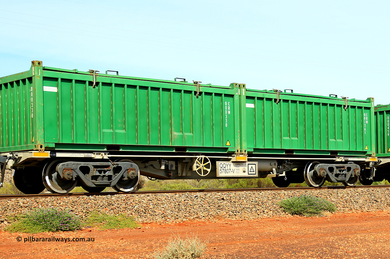 231020 8243
Parkeston, QQYY type 40' container waggon QQYY 57807 one of five hundred ordered by Aurizon and built by CRRC Yangtze Group of China in 2022. In service with two loaded 20' half height hard top 'rotainers' lettered CRM, for Cristal Mining before they were absorbed into Tronox, CRM 001361 with Cristal decal and CRM 000330 with Cristal decal, on Aurizon's Tronox mineral sands train 4UP1 from Ivanhoe / Broken Hill (NSW) to Kwinana (WA). 20th of October 2023.
Keywords: QQYY-type;QQYY57807;CRRC-Yangtze-Group-China;