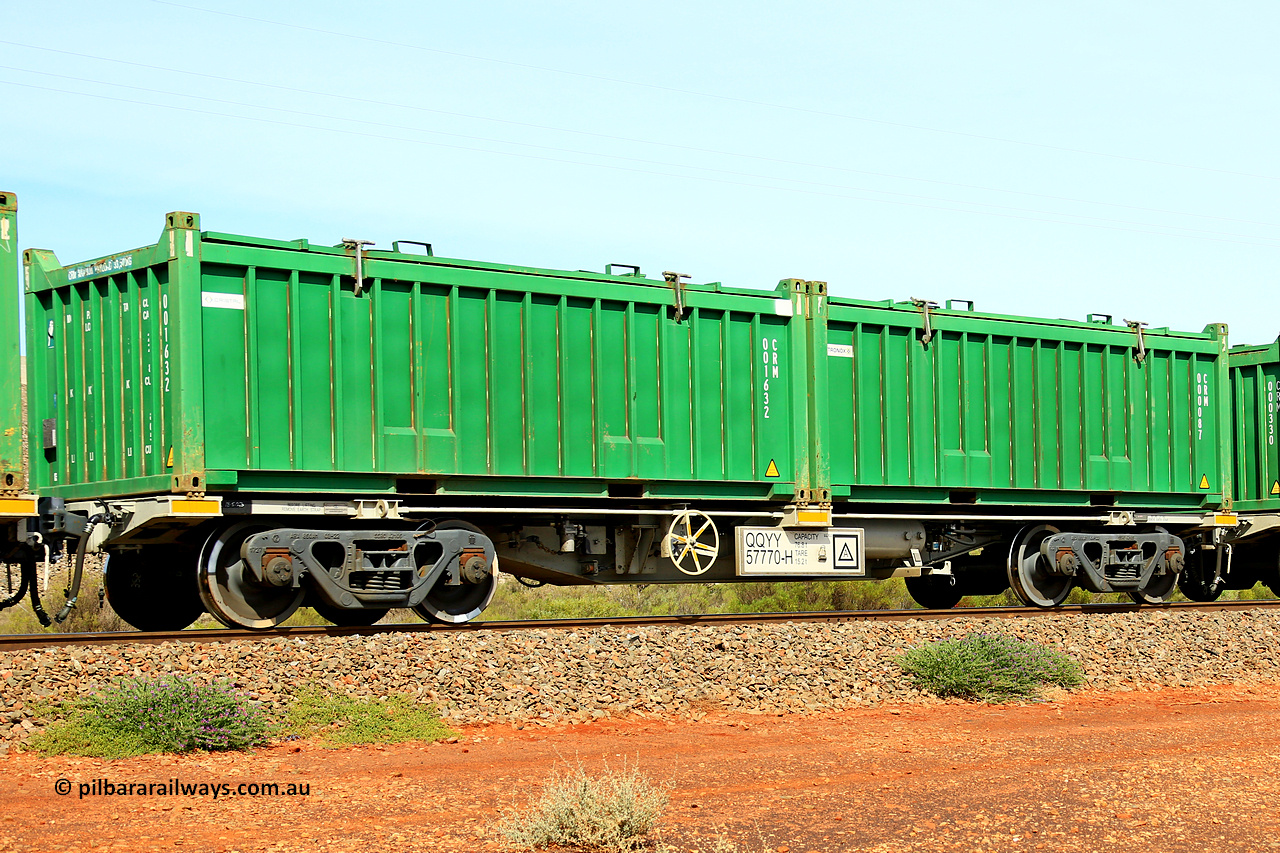 231020 8244
Parkeston, QQYY type 40' container waggon QQYY 57770 one of five hundred ordered by Aurizon and built by CRRC Yangtze Group of China in 2022. In service with two loaded 20' half height hard top 'rotainers' lettered CRM, for Cristal Mining before they were absorbed into Tronox, CRM 000087 with Tronox decal and CRM 001632 with Cristal decal, on Aurizon's Tronox mineral sands train 4UP1 from Ivanhoe / Broken Hill (NSW) to Kwinana (WA). 20th of October 2023.
Keywords: QQYY-type;QQYY57770;CRRC-Yangtze-Group-China;