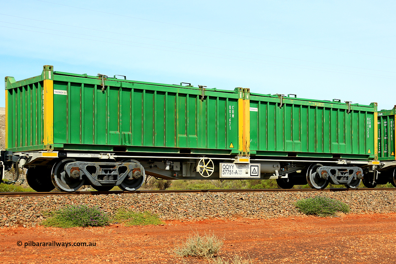 231020 8247
Parkeston, QQYY type 40' container waggon QQYY 57751 one of five hundred ordered by Aurizon and built by CRRC Yangtze Group of China in 2022. In service with two loaded 20' half height hard top 'rotainers' lettered CRM, for Cristal Mining before they were absorbed into Tronox, CRM 001229 with Tronox decal and yellow corner posts and CRM 001671 with Tronox decal and yellow corner posts, on Aurizon's Tronox mineral sands train 4UP1 from Ivanhoe / Broken Hill (NSW) to Kwinana (WA). 20th of October 2023.
Keywords: QQYY-type;QQYY57751;CRRC-Yangtze-Group-China;