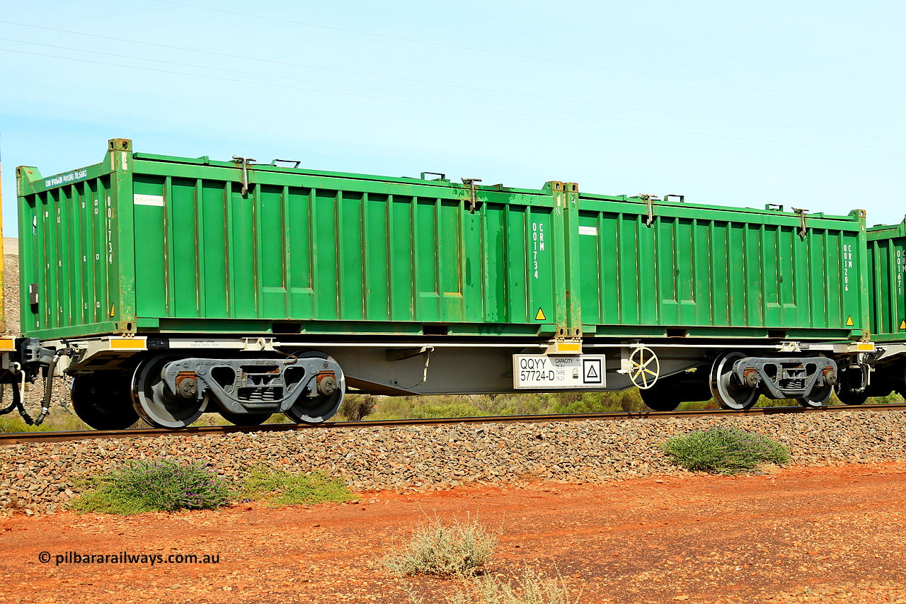 231020 8248
Parkeston, QQYY type 40' container waggon QQYY 57724 one of five hundred ordered by Aurizon and built by CRRC Yangtze Group of China in 2022. In service with two loaded 20' half height hard top 'rotainers' lettered CRM, for Cristal Mining before they were absorbed into Tronox, CRM 001206 with Cristal decal and CRM 001734 with Cristal decal, on Aurizon's Tronox mineral sands train 4UP1 from Ivanhoe / Broken Hill (NSW) to Kwinana (WA). 20th of October 2023.
Keywords: QQYY-type;QQYY57724;CRRC-Yangtze-Group-China;