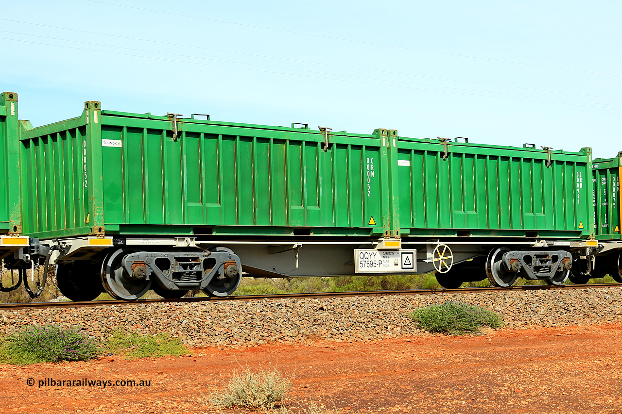 231020 8250
Parkeston, QQYY type 40' container waggon QQYY 57695 one of five hundred ordered by Aurizon and built by CRRC Yangtze Group of China in 2022. In service with two loaded 20' half height hard top 'rotainers' lettered CRM, for Cristal Mining before they were absorbed into Tronox, CRM 000991 with Cristal decal and CRM 000052 with Tronox decal, on Aurizon's Tronox mineral sands train 4UP1 from Ivanhoe / Broken Hill (NSW) to Kwinana (WA). 20th of October 2023.
Keywords: QQYY-type;QQYY57695;CRRC-Yangtze-Group-China;