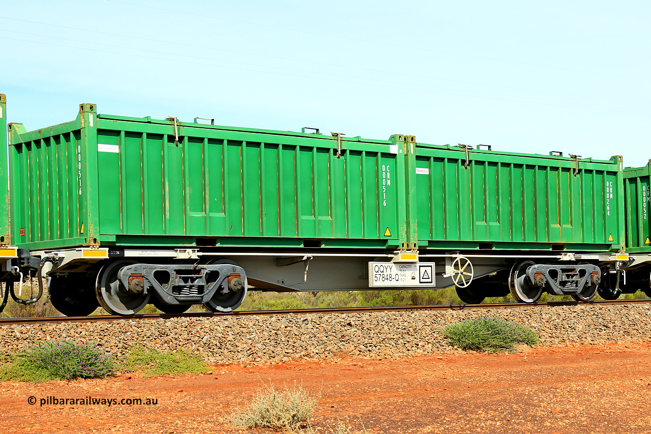 231020 8251
Parkeston, QQYY type 40' container waggon QQYY 57848 one of five hundred ordered by Aurizon and built by CRRC Yangtze Group of China in 2022. In service with two loaded 20' half height hard top 'rotainers' lettered CRM, for Cristal Mining before they were absorbed into Tronox, CRM 000264 with Tronox decal and CRM 000516 with Cristal decal, on Aurizon's Tronox mineral sands train 4UP1 from Ivanhoe / Broken Hill (NSW) to Kwinana (WA). 20th of October 2023.
Keywords: QQYY-type;QQYY57848;CRRC-Yangtze-Group-China;