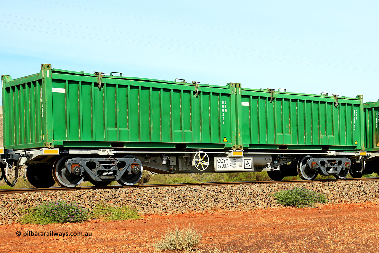 231020 8254
Parkeston, QQYY type 40' container waggon QQYY 57907 one of five hundred ordered by Aurizon and built by CRRC Yangtze Group of China in 2022. In service with two loaded 20' half height hard top 'rotainers' lettered CRM, for Cristal Mining before they were absorbed into Tronox, CRM 000623 with Cristal decal and CRM 000349 with Cristal decal, on Aurizon's Tronox mineral sands train 4UP1 from Ivanhoe / Broken Hill (NSW) to Kwinana (WA). 20th of October 2023.
Keywords: QQYY-type;QQYY57907;CRRC-Yangtze-Group-China;