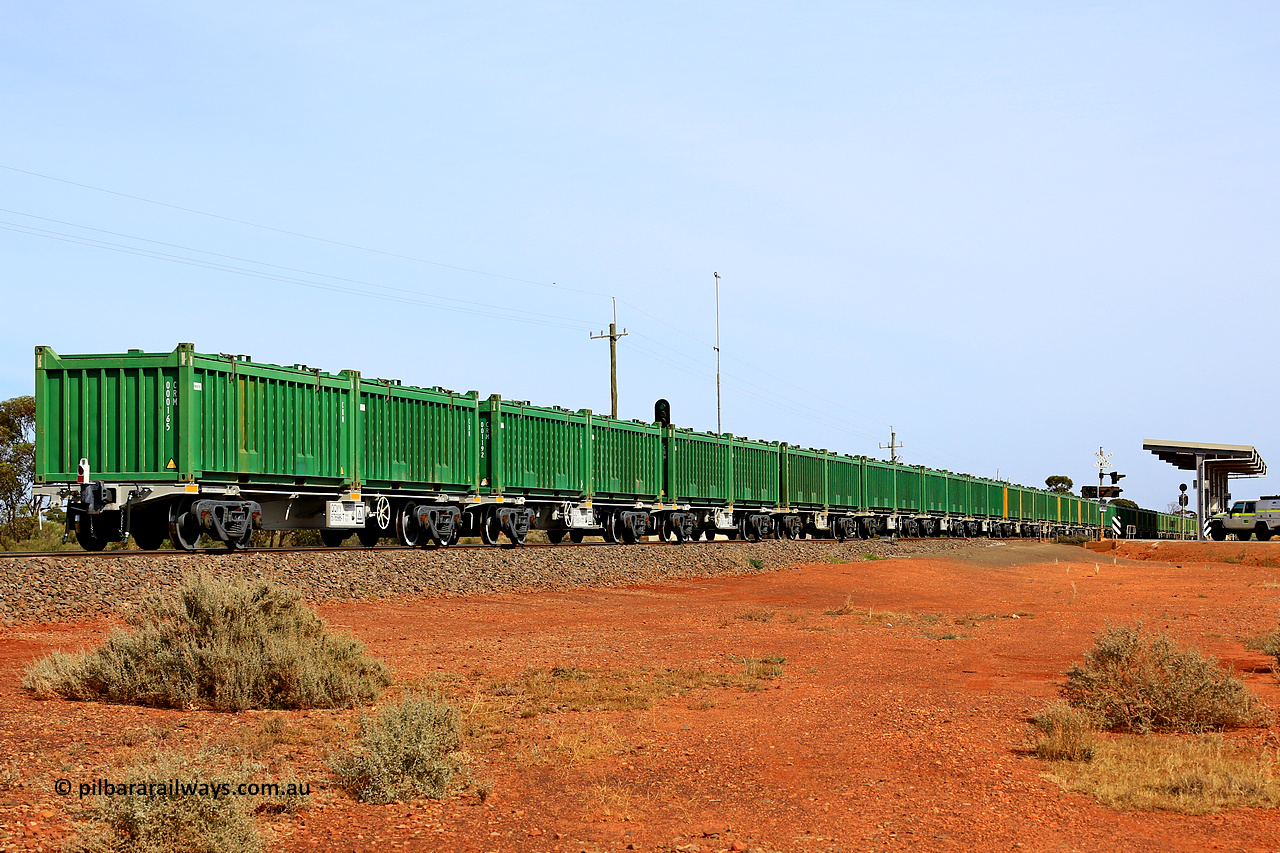 231020 8257
Parkeston, 20th of October 2023. Aurizon's Tronox mineral sands train 4UP1 from Ivanhoe / Broken Hill (NSW) to Kwinana (WA) runs along the mainline as it heads for Perth and then Kwinana.
