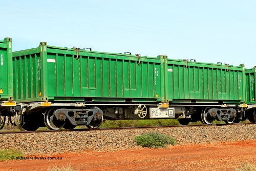 231020 8146
Parkeston, QQYY type 40' container waggon QQYY 57932 one of five hundred ordered by Aurizon and built by CRRC Yangtze Group of China in 2022. In service with two loaded 20' half height hard top 'rotainers' lettered CRM, for Cristal Mining before they were absorbed into Tronox, CRM 000674 with Tronox decal and CRM 001426 with Cristal decal, on Aurizon's Tronox mineral sands train 4UP1 from Ivanhoe / Broken Hill (NSW) to Kwinana (WA). 20th of October 2023.
Keywords: QQYY-type;QQYY57932;CRRC-Yangtze-Group-China;