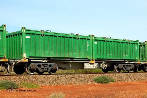 231020 8153
Parkeston, QQYY type 40' container waggon QQYY 57933 one of five hundred ordered by Aurizon and built by CRRC Yangtze Group of China in 2022. In service with two loaded 20' half height hard top 'rotainers' lettered CRM, for Cristal Mining before they were absorbed into Tronox, CRM 000914 with Cristal decal and CRM 000822 with Cristal decal, on Aurizon's Tronox mineral sands train 4UP1 from Ivanhoe / Broken Hill (NSW) to Kwinana (WA). October 20, 2023.
Keywords: QQYY-type;QQYY57933;CRRC-Yangtze-Group-China;