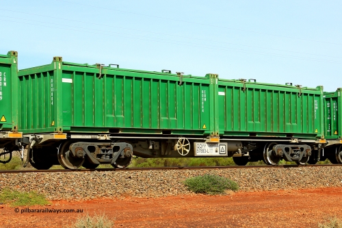 231020 8155
Parkeston, QQYY type 40' container waggon QQYY 57893 one of five hundred ordered by Aurizon and built by CRRC Yangtze Group of China in 2022. In service with two loaded 20' half height hard top 'rotainers' lettered CRM, for Cristal Mining before they were absorbed into Tronox, CRM 000823 with Cristal decal and CRM 000804 with Cristal decal, on Aurizon's Tronox mineral sands train 4UP1 from Ivanhoe / Broken Hill (NSW) to Kwinana (WA). October 20, 2023.
Keywords: QQYY-type;QQYY57893;CRRC-Yangtze-Group-China;