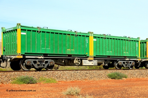 231020 8174
Parkeston, QQYY type 40' container waggon QQYY 57816 one of five hundred ordered by Aurizon and built by CRRC Yangtze Group of China in 2022. In service with two loaded 20' half height hard top 'rotainers' lettered CRM, for Cristal Mining before they were absorbed into Tronox, CRM 000265 with Cristal decal and yellow corner posts and CRM 001183 with Cristal decal and yellow corner posts, on Aurizon's Tronox mineral sands train 4UP1 from Ivanhoe / Broken Hill (NSW) to Kwinana (WA). 20th of October 2023.
Keywords: QQYY-type;QQYY57816;CRRC-Yangtze-Group-China;