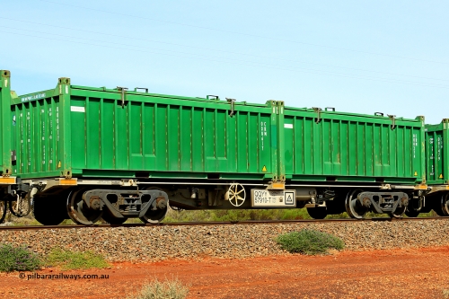 231020 8180
Parkeston, QQYY type 40' container waggon QQYY 57910 one of five hundred ordered by Aurizon and built by CRRC Yangtze Group of China in 2022. In service with two loaded 20' half height hard top 'rotainers' lettered CRM, for Cristal Mining before they were absorbed into Tronox, CRM 000374 with Cristal decal and CRM 000617 with Cristal decal, on Aurizon's Tronox mineral sands train 4UP1 from Ivanhoe / Broken Hill (NSW) to Kwinana (WA). 20th of October 2023.
Keywords: QQYY-type;QQYY57910;CRRC-Yangtze-Group-China;