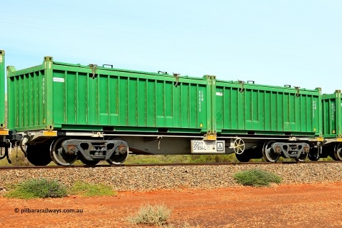 231020 8182
Parkeston, QQYY type 40' container waggon QQYY 57854 one of five hundred ordered by Aurizon and built by CRRC Yangtze Group of China in 2022. In service with two loaded 20' half height hard top 'rotainers' lettered CRM, for Cristal Mining before they were absorbed into Tronox, CRM 000227 with Cristal decal and CRM 000028 with Tronox decal, on Aurizon's Tronox mineral sands train 4UP1 from Ivanhoe / Broken Hill (NSW) to Kwinana (WA). October 20, 2023.
Keywords: QQYY-type;QQYY57854;CRRC-Yangtze-Group-China;