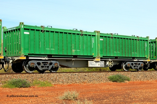 231020 8185
Parkeston, QQYY type 40' container waggon QQYY 57805 one of five hundred ordered by Aurizon and built by CRRC Yangtze Group of China in 2022. In service with two loaded 20' half height hard top 'rotainers' lettered CRM, for Cristal Mining before they were absorbed into Tronox, CRM 000329 with Tronox decal and CRM 000648 with Cristal decal, on Aurizon's Tronox mineral sands train 4UP1 from Ivanhoe / Broken Hill (NSW) to Kwinana (WA). October 20, 2023.
Keywords: QQYY-type;QQYY57805;CRRC-Yangtze-Group-China;