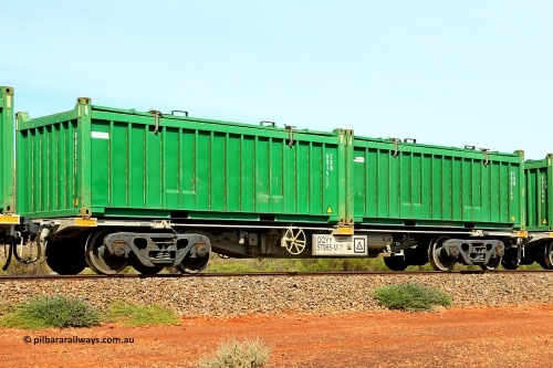 231020 8188
Parkeston, QQYY type 40' container waggon QQYY 57965 one of five hundred ordered by Aurizon and built by CRRC Yangtze Group of China in 2022. In service with two loaded 20' half height hard top 'rotainers' lettered CRM, for Cristal Mining before they were absorbed into Tronox, CRM 000164 with Tronox decal and CRM 001517 with Cristal decal, on Aurizon's Tronox mineral sands train 4UP1 from Ivanhoe / Broken Hill (NSW) to Kwinana (WA). October 20, 2023.
Keywords: QQYY-type;QQYY57965;CRRC-Yangtze-Group-China;