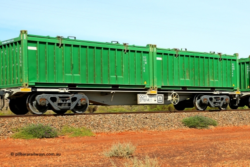 231020 8194
Parkeston, QQYY type 40' container waggon QQYY 57797 one of five hundred ordered by Aurizon and built by CRRC Yangtze Group of China in 2022. In service with two loaded 20' half height hard top 'rotainers' lettered CRM, for Cristal Mining before they were absorbed into Tronox, CRM 000466 with Cristal decal and CRM 001704 with Cristal decal, on Aurizon's Tronox mineral sands train 4UP1 from Ivanhoe / Broken Hill (NSW) to Kwinana (WA). October 20, 2023.
Keywords: QQYY-type;QQYY57797;CRRC-Yangtze-Group-China;