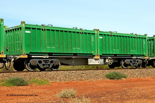 231020 8196
Parkeston, QQYY type 40' container waggon QQYY 57713 one of five hundred ordered by Aurizon and built by CRRC Yangtze Group of China in 2022. In service with two loaded 20' half height hard top 'rotainers' lettered CRM, for Cristal Mining before they were absorbed into Tronox, CRM 001036 with Tronox decal and CRM 000174 with Tronox decal, on Aurizon's Tronox mineral sands train 4UP1 from Ivanhoe / Broken Hill (NSW) to Kwinana (WA). October 20, 2023.
Keywords: QQYY-type;QQYY57713;CRRC-Yangtze-Group-China;
