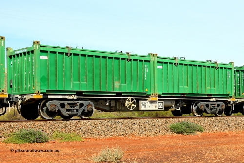 231020 8200
Parkeston, QQYY type 40' container waggon QQYY 57951 one of five hundred ordered by Aurizon and built by CRRC Yangtze Group of China in 2022. In service with two loaded 20' half height hard top 'rotainers' lettered CRM, for Cristal Mining before they were absorbed into Tronox, CRM 000815 with Tronox decal and CRM 001084 with Cristal decal, on Aurizon's Tronox mineral sands train 4UP1 from Ivanhoe / Broken Hill (NSW) to Kwinana (WA). 20th of October 2023.
Keywords: QQYY-type;QQYY57951;CRRC-Yangtze-Group-China;