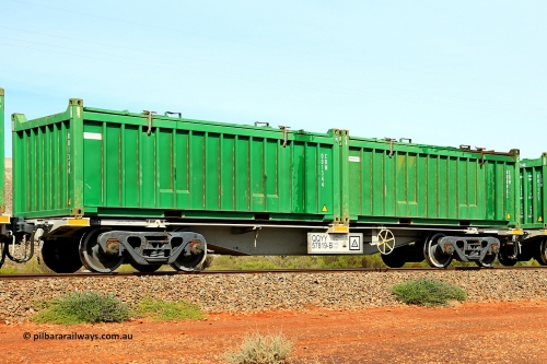 231020 8202
Parkeston, QQYY type 40' container waggon QQYY 57819 one of five hundred ordered by Aurizon and built by CRRC Yangtze Group of China in 2022. In service with two loaded 20' half height hard top 'rotainers' lettered CRM, for Cristal Mining before they were absorbed into Tronox, CRM 000063 with Tronox decal and CRM 001344 with Cristal decal, on Aurizon's Tronox mineral sands train 4UP1 from Ivanhoe / Broken Hill (NSW) to Kwinana (WA). October 20, 2023.
Keywords: QQYY-type;QQYY57819;CRRC-Yangtze-Group-China;