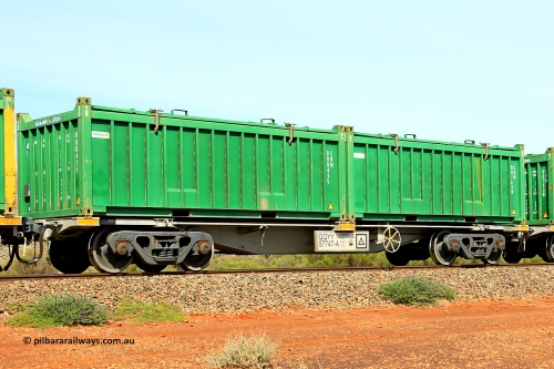231020 8206
Parkeston, QQYY type 40' container waggon QQYY 57747 one of five hundred ordered by Aurizon and built by CRRC Yangtze Group of China in 2022. In service with two loaded 20' half height hard top 'rotainers' lettered CRM, for Cristal Mining before they were absorbed into Tronox, CRM 001638 with Cristal decal and CRM 000435 with Tronox decal, on Aurizon's Tronox mineral sands train 4UP1 from Ivanhoe / Broken Hill (NSW) to Kwinana (WA). October 20, 2023.
Keywords: QQYY-type;QQYY57747;CRRC-Yangtze-Group-China;