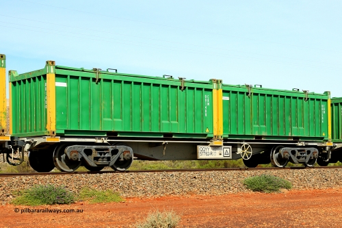 231020 8208
Parkeston, QQYY type 40' container waggon QQYY 57762 one of five hundred ordered by Aurizon and built by CRRC Yangtze Group of China in 2022. In service with two loaded 20' half height hard top 'rotainers' lettered CRM, for Cristal Mining before they were absorbed into Tronox, CRM 001306 with Tronox decal and yellow corner posts and CRM 001400 with Cristal decal and yellow corner posts, on Aurizon's Tronox mineral sands train 4UP1 from Ivanhoe / Broken Hill (NSW) to Kwinana (WA). 20th of October 2023.
Keywords: QQYY-type;QQYY57762;CRRC-Yangtze-Group-China;