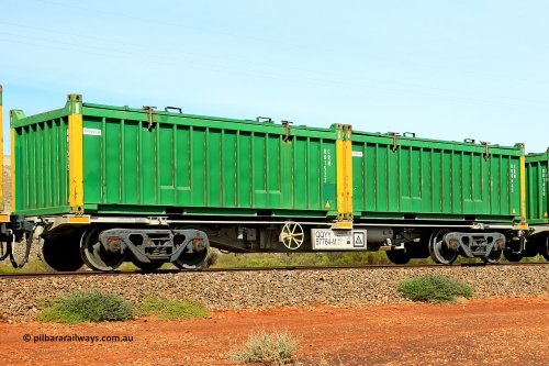 231020 8209
Parkeston, QQYY type 40' container waggon QQYY 57764 one of five hundred ordered by Aurizon and built by CRRC Yangtze Group of China in 2022. In service with two loaded 20' half height hard top 'rotainers' lettered CRM, for Cristal Mining before they were absorbed into Tronox, CRM 000665 with Tronox decal and yellow corner posts and CRM 001522 with Tronox decal and yellow corner posts, on Aurizon's Tronox mineral sands train 4UP1 from Ivanhoe / Broken Hill (NSW) to Kwinana (WA). October 20, 2023.
Keywords: QQYY-type;QQYY57764;CRRC-Yangtze-Group-China;