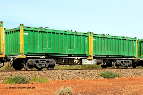 231020 8212
Parkeston, QQYY type 40' container waggon QQYY 57865 one of five hundred ordered by Aurizon and built by CRRC Yangtze Group of China in 2022. In service with two loaded 20' half height hard top 'rotainers' lettered CRM, for Cristal Mining before they were absorbed into Tronox, CRM 000610 with Tronox decal and yellow corner posts and CRM 001110 with Cristal decal and yellow corner posts, on Aurizon's Tronox mineral sands train 4UP1 from Ivanhoe / Broken Hill (NSW) to Kwinana (WA). October 20, 2023.
Keywords: QQYY-type;QQYY57865;CRRC-Yangtze-Group-China;