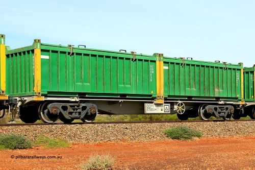 231020 8213
Parkeston, QQYY type 40' container waggon QQYY 57890 one of five hundred ordered by Aurizon and built by CRRC Yangtze Group of China in 2022. In service with two loaded 20' half height hard top 'rotainers' lettered CRM, for Cristal Mining before they were absorbed into Tronox, CRM 000995 with Cristal decal and yellow corner posts and CRM 000038 with Cristal decal and yellow corner posts, on Aurizon's Tronox mineral sands train 4UP1 from Ivanhoe / Broken Hill (NSW) to Kwinana (WA). October 20, 2023.
Keywords: QQYY-type;QQYY57890;CRRC-Yangtze-Group-China;
