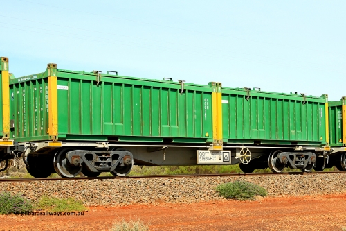 231020 8214
Parkeston, QQYY type 40' container waggon QQYY 57928 one of five hundred ordered by Aurizon and built by CRRC Yangtze Group of China in 2022. In service with two loaded 20' half height hard top 'rotainers' lettered CRM, for Cristal Mining before they were absorbed into Tronox, CRM 001742 with Cristal decal and yellow corner posts and CRM 000381 with Tronox decal and yellow corner posts, on Aurizon's Tronox mineral sands train 4UP1 from Ivanhoe / Broken Hill (NSW) to Kwinana (WA). October 20, 2023.
Keywords: QQYY-type;QQYY57928;CRRC-Yangtze-Group-China;