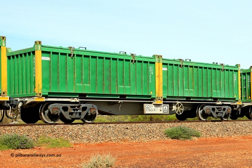 231020 8215
Parkeston, QQYY type 40' container waggon QQYY 57843 one of five hundred ordered by Aurizon and built by CRRC Yangtze Group of China in 2022. In service with two loaded 20' half height hard top 'rotainers' lettered CRM, for Cristal Mining before they were absorbed into Tronox, CRM 000977 with Tronox decal and yellow corner posts and CRM 001456 with Tronox decal and yellow corner posts, on Aurizon's Tronox mineral sands train 4UP1 from Ivanhoe / Broken Hill (NSW) to Kwinana (WA). October 20, 2023.
Keywords: QQYY-type;QQYY57843;CRRC-Yangtze-Group-China;