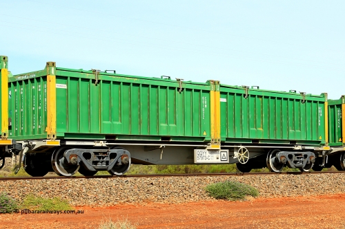 231020 8216
Parkeston, QQYY type 40' container waggon QQYY 57973 one of five hundred ordered by Aurizon and built by CRRC Yangtze Group of China in 2022. In service with two loaded 20' half height hard top 'rotainers' lettered CRM, for Cristal Mining before they were absorbed into Tronox, CRM 001500 with Tronox decal and yellow corner posts and CRM 001022 with Tronox decal and yellow corner posts, on Aurizon's Tronox mineral sands train 4UP1 from Ivanhoe / Broken Hill (NSW) to Kwinana (WA). October 20, 2023.
Keywords: QQYY-type;QQYY57973;CRRC-Yangtze-Group-China;
