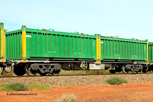 231020 8219
Parkeston, QQYY type 40' container waggon QQYY 57931 one of five hundred ordered by Aurizon and built by CRRC Yangtze Group of China in 2022. In service with two loaded 20' half height hard top 'rotainers' lettered CRM, for Cristal Mining before they were absorbed into Tronox, CRM 000254 with Tronox decal and yellow corner posts and CRM 000277 with Cristal decal and yellow corner posts, on Aurizon's Tronox mineral sands train 4UP1 from Ivanhoe / Broken Hill (NSW) to Kwinana (WA). October 20, 2023.
Keywords: QQYY-type;QQYY57931;CRRC-Yangtze-Group-China;