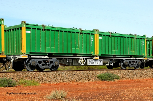 231020 8221
Parkeston, QQYY type 40' container waggon QQYY 58159 one of five hundred ordered by Aurizon and built by CRRC Yangtze Group of China in 2022. In service with two loaded 20' half height hard top 'rotainers' lettered CRM, for Cristal Mining before they were absorbed into Tronox, CRM 000364 with Tronox decal and yellow corner posts and CRM 000472 with Tronox decal and yellow corner posts, on Aurizon's Tronox mineral sands train 4UP1 from Ivanhoe / Broken Hill (NSW) to Kwinana (WA). October 20, 2023.
Keywords: QQYY-type;QQYY58159;CRRC-Yangtze-Group-China;