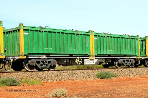 231020 8225
Parkeston, QQYY type 40' container waggon QQYY 57840 one of five hundred ordered by Aurizon and built by CRRC Yangtze Group of China in 2022. In service with two loaded 20' half height hard top 'rotainers' lettered CRM, for Cristal Mining before they were absorbed into Tronox, CRM 001316 with Tronox decal and yellow corner posts and CRM 000053 with Cristal decal and yellow corner posts, on Aurizon's Tronox mineral sands train 4UP1 from Ivanhoe / Broken Hill (NSW) to Kwinana (WA). October 20, 2023.
Keywords: QQYY-type;QQYY57840;CRRC-Yangtze-Group-China;