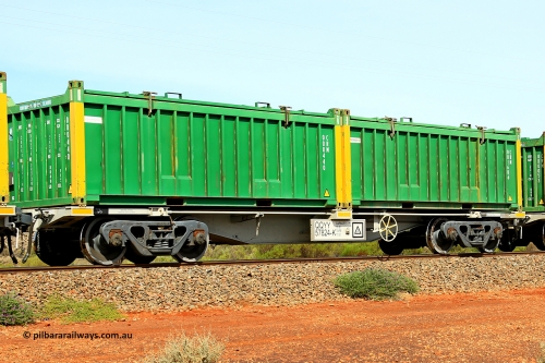 231020 8226
Parkeston, QQYY type 40' container waggon QQYY 57824 one of five hundred ordered by Aurizon and built by CRRC Yangtze Group of China in 2022. In service with two loaded 20' half height hard top 'rotainers' lettered CRM, for Cristal Mining before they were absorbed into Tronox, CRM 001686 with Tronox decal and yellow corner posts and CRM 000440 with Cristal decal and yellow corner posts, on Aurizon's Tronox mineral sands train 4UP1 from Ivanhoe / Broken Hill (NSW) to Kwinana (WA). October 20, 2023.
Keywords: QQYY-type;QQYY57824;CRRC-Yangtze-Group-China;