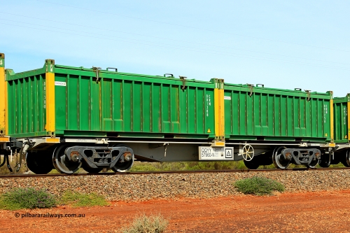 231020 8228
Parkeston, QQYY type 40' container waggon QQYY 57960 one of five hundred ordered by Aurizon and built by CRRC Yangtze Group of China in 2022. In service with two loaded 20' half height hard top 'rotainers' lettered CRM, for Cristal Mining before they were absorbed into Tronox, CRM 001750 with Tronox decal and yellow corner posts and CRM 001388 with Tronox decal and yellow corner posts, on Aurizon's Tronox mineral sands train 4UP1 from Ivanhoe / Broken Hill (NSW) to Kwinana (WA). October 20, 2023.
Keywords: QQYY-type;QQYY57960;CRRC-Yangtze-Group-China;