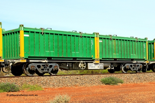 231020 8229
Parkeston, QQYY type 40' container waggon QQYY 57939 one of five hundred ordered by Aurizon and built by CRRC Yangtze Group of China in 2022. In service with two loaded 20' half height hard top 'rotainers' lettered CRM, for Cristal Mining before they were absorbed into Tronox, CRM 001146 with Tronox decal and yellow corner posts and CRM 001047 with Cristal decal and yellow corner posts, on Aurizon's Tronox mineral sands train 4UP1 from Ivanhoe / Broken Hill (NSW) to Kwinana (WA). 20th of October 2023.
Keywords: QQYY-type;QQYY57939;CRRC-Yangtze-Group-China;