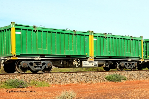 231020 8233
Parkeston, QQYY type 40' container waggon QQYY 57962 one of five hundred ordered by Aurizon and built by CRRC Yangtze Group of China in 2022. In service with two loaded 20' half height hard top 'rotainers' lettered CRM, for Cristal Mining before they were absorbed into Tronox, CRM 001455 with Cristal decal and yellow corner posts and CRM 001518 with Cristal decal and yellow corner posts, on Aurizon's Tronox mineral sands train 4UP1 from Ivanhoe / Broken Hill (NSW) to Kwinana (WA). 20th of October 2023.
Keywords: QQYY-type;QQYY57962;CRRC-Yangtze-Group-China;