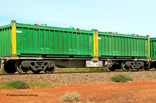 231020 8234
Parkeston, QQYY type 40' container waggon QQYY 57881 one of five hundred ordered by Aurizon and built by CRRC Yangtze Group of China in 2022. In service with two loaded 20' half height hard top 'rotainers' lettered CRM, for Cristal Mining before they were absorbed into Tronox, CRM 000448 with Cristal decal and yellow corner posts and CRM 000398 with Tronox decal and yellow corner posts, on Aurizon's Tronox mineral sands train 4UP1 from Ivanhoe / Broken Hill (NSW) to Kwinana (WA). October 20, 2023.
Keywords: QQYY-type;QQYY57881;CRRC-Yangtze-Group-China;