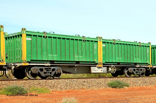 231020 8239
Parkeston, QQYY type 40' container waggon QQYY 57946 one of five hundred ordered by Aurizon and built by CRRC Yangtze Group of China in 2022. In service with two loaded 20' half height hard top 'rotainers' lettered CRM, for Cristal Mining before they were absorbed into Tronox, CRM 000678 with Tronox decal and yellow corner posts and CRM 000126 with Tronox decal and yellow corner posts, on Aurizon's Tronox mineral sands train 4UP1 from Ivanhoe / Broken Hill (NSW) to Kwinana (WA). October 20, 2023.
Keywords: QQYY-type;QQYY57946;CRRC-Yangtze-Group-China;