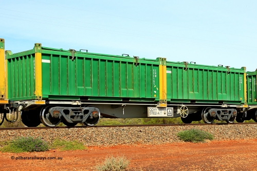 231020 8240
Parkeston, QQYY type 40' container waggon QQYY 57832 one of five hundred ordered by Aurizon and built by CRRC Yangtze Group of China in 2022. In service with two loaded 20' half height hard top 'rotainers' lettered CRM, for Cristal Mining before they were absorbed into Tronox, CRM 000236 with Tronox decal and yellow corner posts and CRM 000585 with Cristal decal and yellow corner posts, on Aurizon's Tronox mineral sands train 4UP1 from Ivanhoe / Broken Hill (NSW) to Kwinana (WA). October 20, 2023.
Keywords: QQYY-type;QQYY57832;CRRC-Yangtze-Group-China;