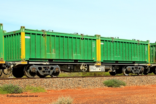 231020 8242
Parkeston, QQYY type 40' container waggon QQYY 57789 one of five hundred ordered by Aurizon and built by CRRC Yangtze Group of China in 2022. In service with two loaded 20' half height hard top 'rotainers' lettered CRM, for Cristal Mining before they were absorbed into Tronox, CRM 000803 with Tronox decal and yellow corner posts and CRM 000459 with Tronox decal and yellow corner posts, on Aurizon's Tronox mineral sands train 4UP1 from Ivanhoe / Broken Hill (NSW) to Kwinana (WA). October 20, 2023.
Keywords: QQYY-type;QQYY57789;CRRC-Yangtze-Group-China;