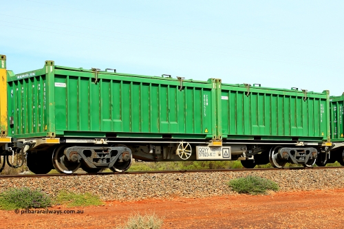 231020 8245
Parkeston, QQYY type 40' container waggon QQYY 57923 one of five hundred ordered by Aurizon and built by CRRC Yangtze Group of China in 2022. In service with two loaded 20' half height hard top 'rotainers' lettered CRM, for Cristal Mining before they were absorbed into Tronox, CRM 000878 with Tronox decal and CRM 000575 with Tronox decal, on Aurizon's Tronox mineral sands train 4UP1 from Ivanhoe / Broken Hill (NSW) to Kwinana (WA). 20th of October 2023.
Keywords: QQYY-type;QQYY57923;CRRC-Yangtze-Group-China;