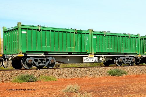 231020 8248
Parkeston, QQYY type 40' container waggon QQYY 57724 one of five hundred ordered by Aurizon and built by CRRC Yangtze Group of China in 2022. In service with two loaded 20' half height hard top 'rotainers' lettered CRM, for Cristal Mining before they were absorbed into Tronox, CRM 001206 with Cristal decal and CRM 001734 with Cristal decal, on Aurizon's Tronox mineral sands train 4UP1 from Ivanhoe / Broken Hill (NSW) to Kwinana (WA). 20th of October 2023.
Keywords: QQYY-type;QQYY57724;CRRC-Yangtze-Group-China;