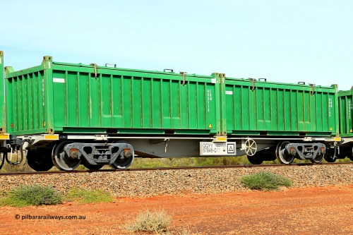 231020 8251
Parkeston, QQYY type 40' container waggon QQYY 57848 one of five hundred ordered by Aurizon and built by CRRC Yangtze Group of China in 2022. In service with two loaded 20' half height hard top 'rotainers' lettered CRM, for Cristal Mining before they were absorbed into Tronox, CRM 000264 with Tronox decal and CRM 000516 with Cristal decal, on Aurizon's Tronox mineral sands train 4UP1 from Ivanhoe / Broken Hill (NSW) to Kwinana (WA). October 20, 2023.
Keywords: QQYY-type;QQYY57848;CRRC-Yangtze-Group-China;