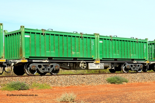 231020 8253
Parkeston, QQYY type 40' container waggon QQYY 57879 one of five hundred ordered by Aurizon and built by CRRC Yangtze Group of China in 2022. In service with two loaded 20' half height hard top 'rotainers' lettered CRM, for Cristal Mining before they were absorbed into Tronox, CRM 000036 with Cristal decal and CRM 001083 with Tronox decal, on Aurizon's Tronox mineral sands train 4UP1 from Ivanhoe / Broken Hill (NSW) to Kwinana (WA). October 20, 2023.
Keywords: QQYY-type;QQYY57879;CRRC-Yangtze-Group-China;