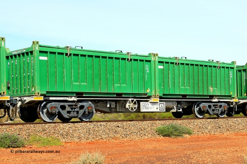 231020 8255
Parkeston, QQYY type 40' container waggon QQYY 57850 one of five hundred ordered by Aurizon and built by CRRC Yangtze Group of China in 2022. In service with two loaded 20' half height hard top 'rotainers' lettered CRM, for Cristal Mining before they were absorbed into Tronox, CRM 000482 with Cristal decal and CRM 001192 with Cristal decal, on Aurizon's Tronox mineral sands train 4UP1 from Ivanhoe / Broken Hill (NSW) to Kwinana (WA). October 20, 2023.
Keywords: QQYY-type;QQYY57850;CRRC-Yangtze-Group-China;