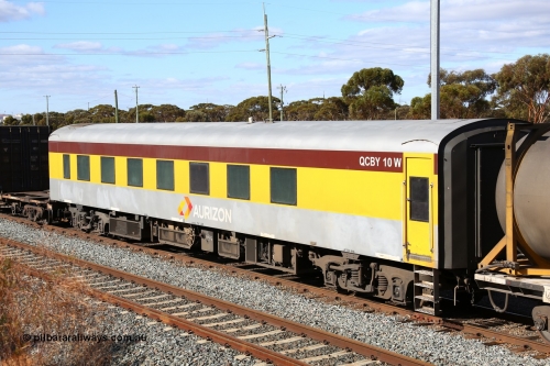 160525 4950
West Kalgoorlie, Aurizon intermodal train 2MP1, crew accommodation coach QCBY 10, started life as Victorian Railways Newport Workshops 1952 build as AS class no. 15, first class air conditioned corridor car, then AS 210, BS 210 and BS 10. Sold to West Coast Railway, then RTS / Gemco and finally to Aurizon.
Keywords: QCBY-type;QCBY10;Victorian-Railways-Newport-WS;AS15;AS210;BS210;BS10;AS-type;BS-type;